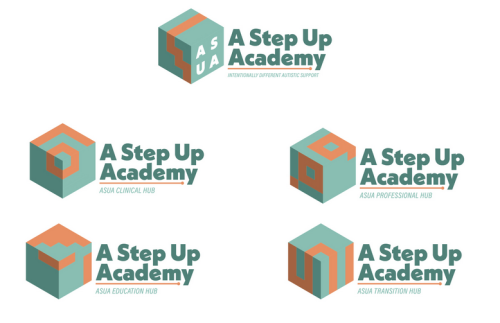 A Step Up Academy logo variations showing cube designs in teal and orange colors for different autism support hubs